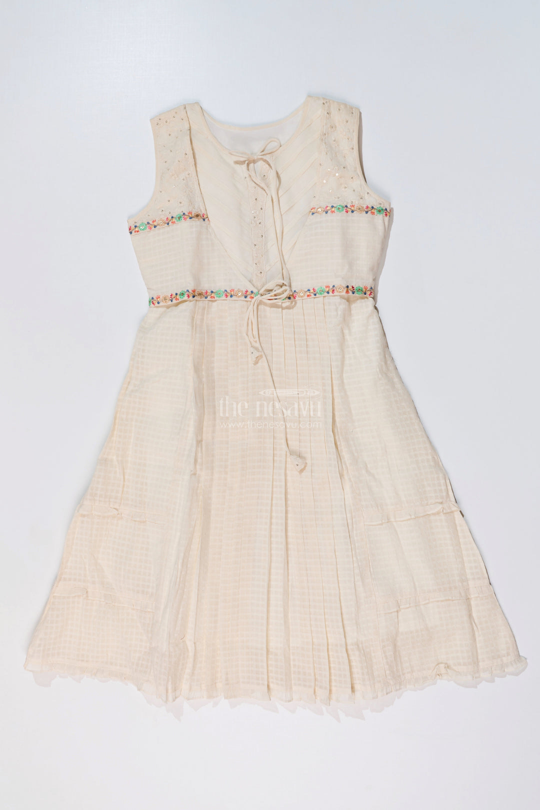 The Nesavu Girls Cotton Frock Girls White Lace Frock with Delicate Embroidery and Pleated Skirt for a Timeless Look Nesavu 34 (10Y) / Cream GFC1627A-34 Girls White Lace Frock Delicate Embroidery Pleated Flared Skirt | The Nesavu