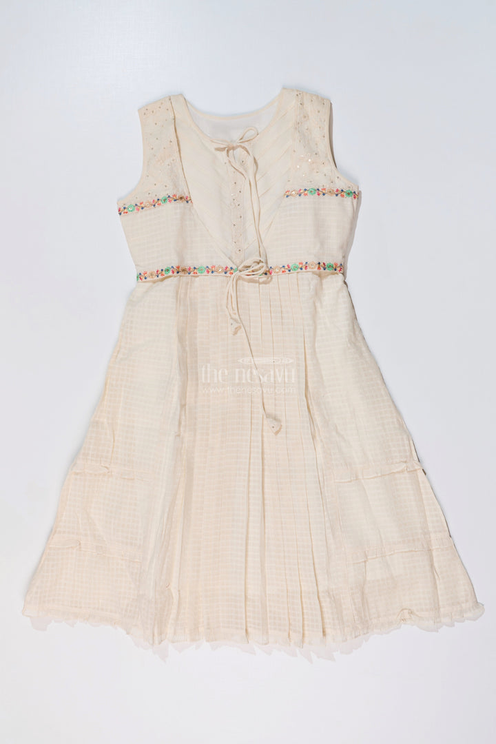 The Nesavu Girls Cotton Frock Girls White Lace Frock with Delicate Embroidery and Pleated Skirt for a Timeless Look Nesavu 34 (10Y) / Cream GFC1627A-34 Nesavu Girls White Lace Frock Delicate Embroidery Pleated Flared Skirt