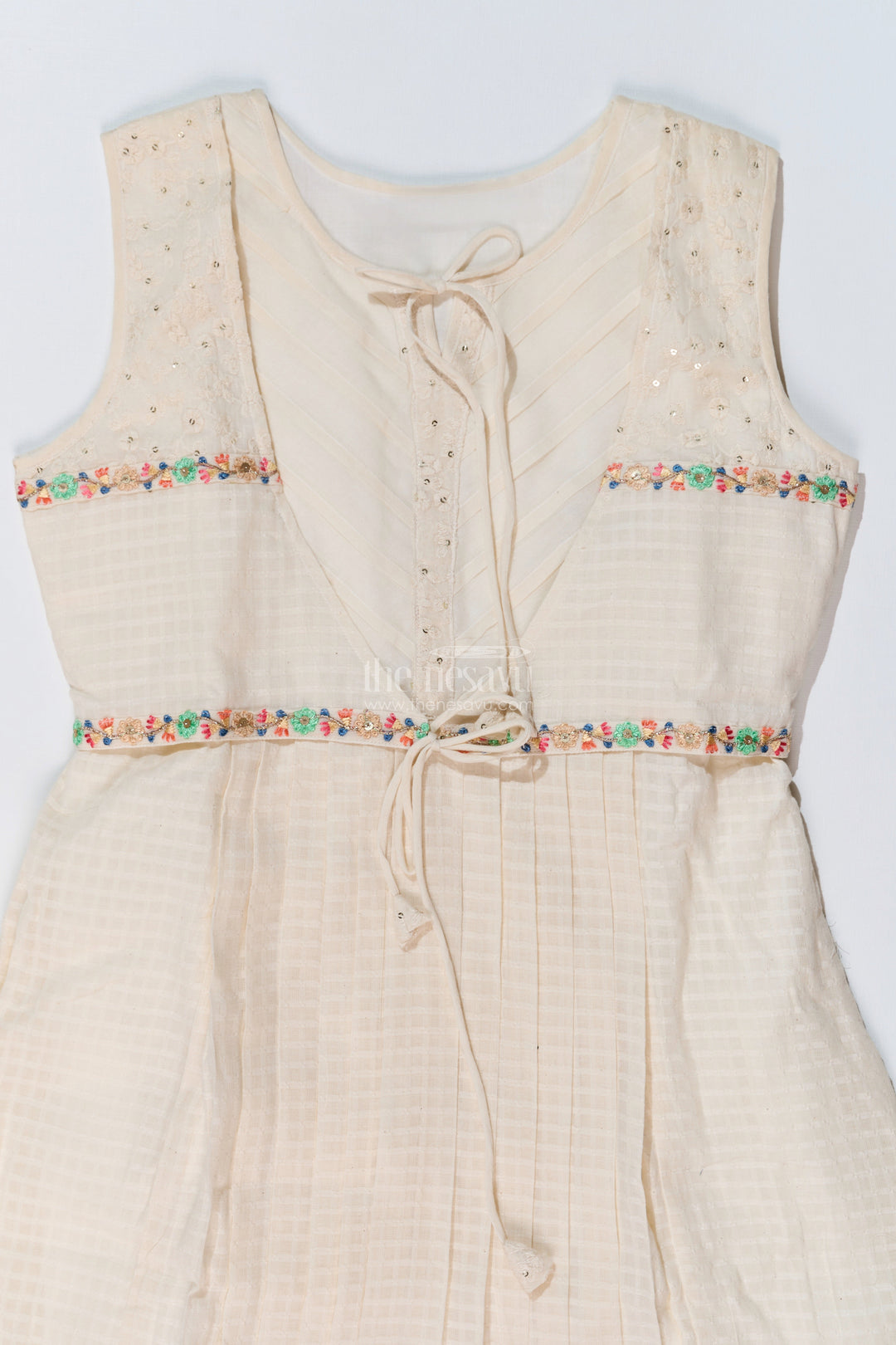 The Nesavu Girls Cotton Frock Girls White Lace Frock with Delicate Embroidery and Pleated Skirt for a Timeless Look Nesavu Girls White Lace Frock Delicate Embroidery Pleated Flared Skirt | The Nesavu