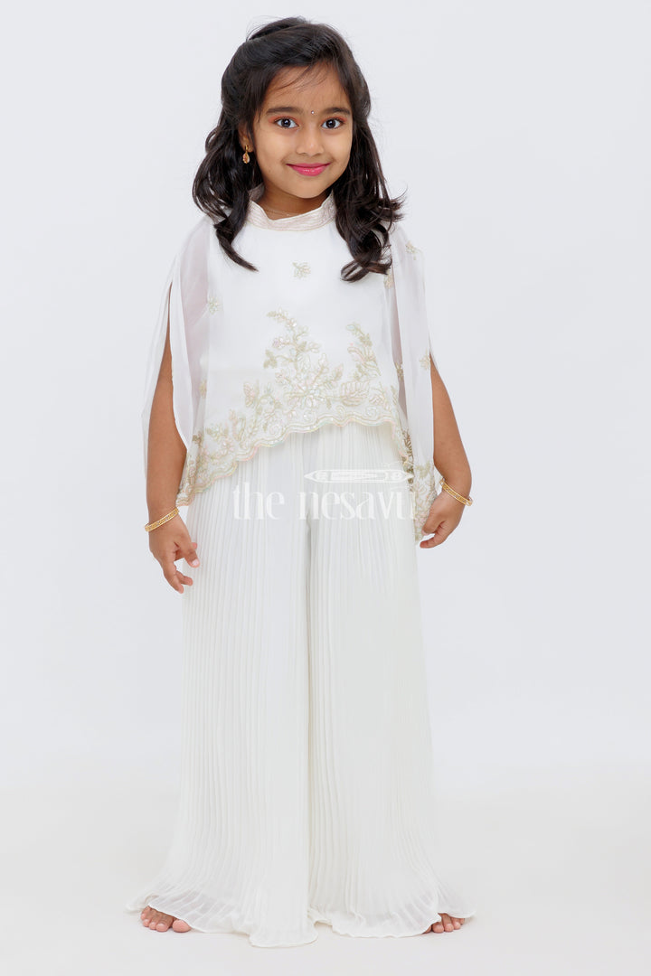 The Nesavu Girls Sharara / Plazo Set Girls White Palazzo Set with Embroidered Cape Top and Dupatta Nesavu Nesavu Girls White Embroidered Cape Palazzo Set Sheer Dupatta Festive Celebrations