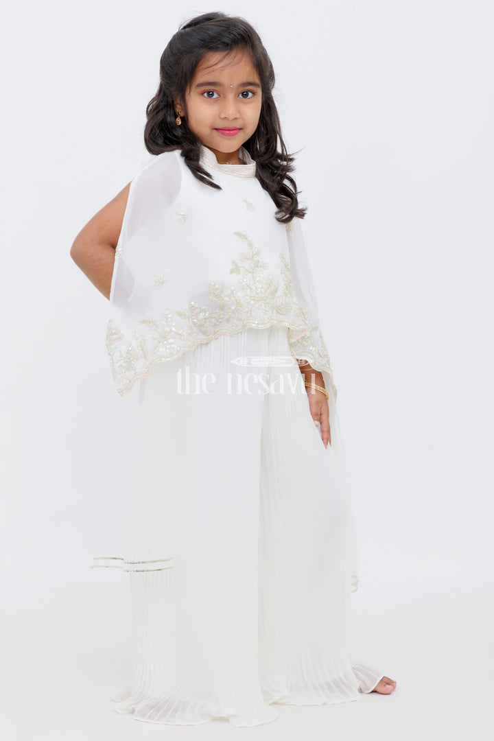 The Nesavu Girls Sharara / Plazo Set Girls White Palazzo Set with Embroidered Cape Top and Dupatta Nesavu Nesavu Girls White Embroidered Cape Palazzo Set Sheer Dupatta Festive Celebrations