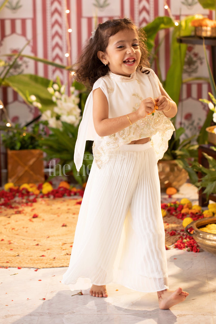 The Nesavu Girls Sharara / Plazo Set Girls White Palazzo Set with Embroidered Cape Top and Dupatta Nesavu Nesavu Girls White Embroidered Cape Palazzo Set Sheer Dupatta Festive Celebrations