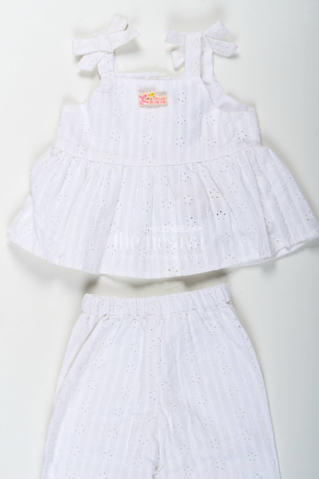 The Nesavu Girls Casual Set Girls White Party Wear Set in Hakoba Cotton with Bow-Tie Straps and Elegant Embroidery Nesavu 14 (6M) / White GPS597A-14 Girls White Party Wear Set in Hakoba Cotton with Embroidered Design and Bow-Tie Top | The Nesavu