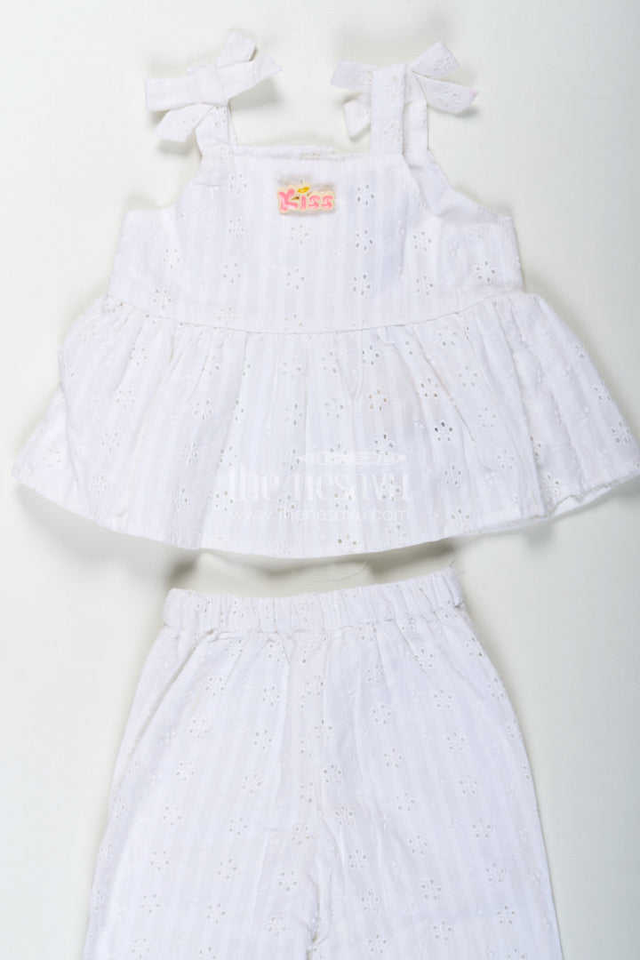 The Nesavu Girls Casual Set Girls White Party Wear Set in Hakoba Cotton with Bow-Tie Straps and Elegant Embroidery Nesavu 14 (6M) / White GPS597A-14 Girls White Party Wear Set in Hakoba Cotton with Embroidered Design and Bow-Tie Top | The Nesavu