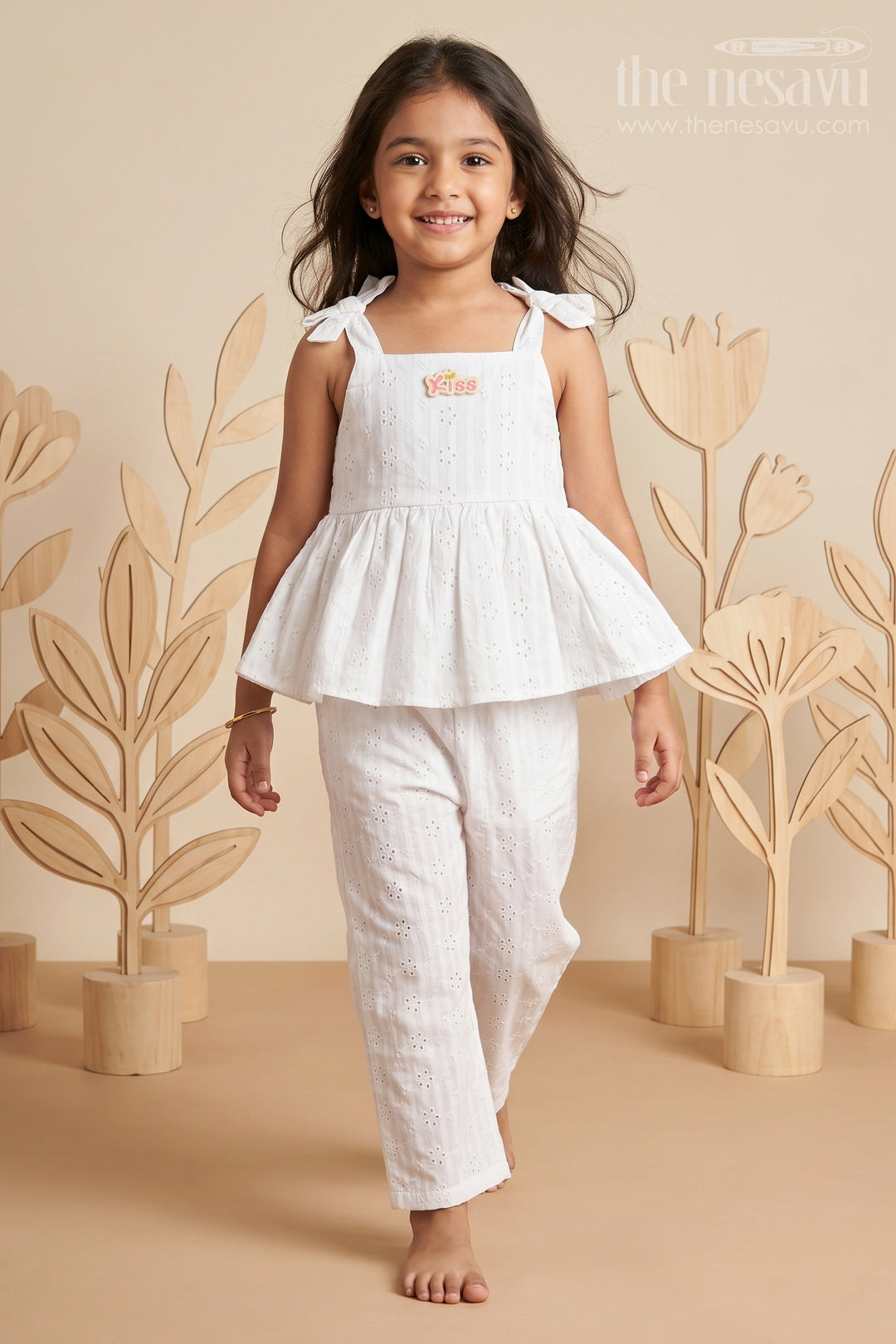 The Nesavu Girls Casual Set Girls White Party Wear Set in Hakoba Cotton with Bow-Tie Straps and Elegant Embroidery Nesavu 14 (6M) / White GPS597A-14 Girls White Party Wear Set in Hakoba Cotton with Embroidered Design and Bow-Tie Top | The Nesavu