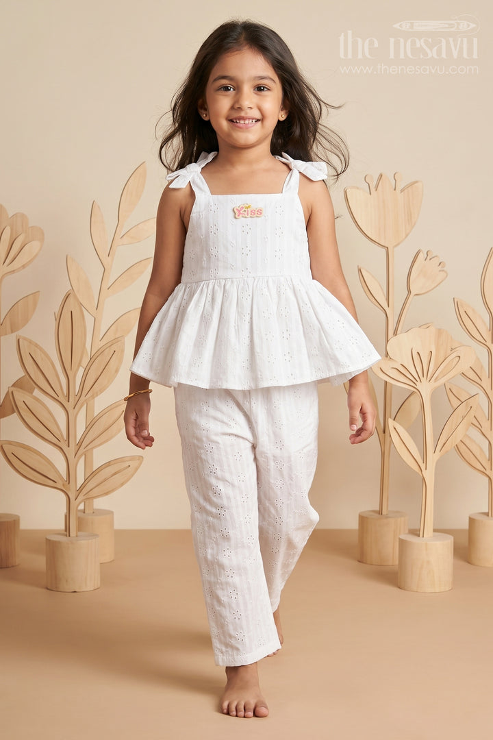 The Nesavu Girls Casual Set Girls White Party Wear Set in Hakoba Cotton with Bow-Tie Straps and Elegant Embroidery Nesavu 14 (6M) / White GPS597A-14 Girls White Party Wear Set in Hakoba Cotton with Embroidered Design and Bow-Tie Top | The Nesavu