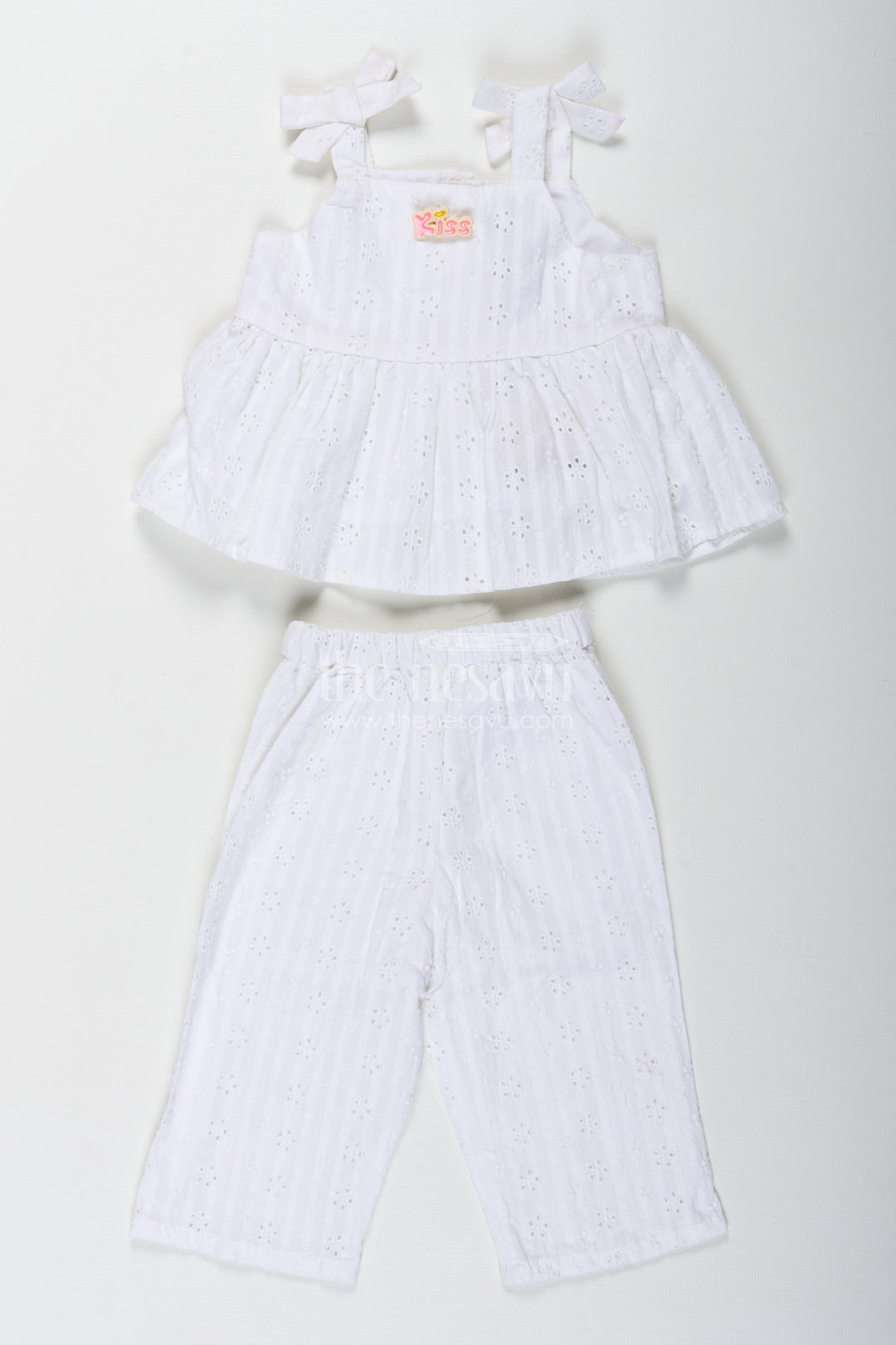 The Nesavu Girls Casual Set Girls White Party Wear Set in Hakoba Cotton with Bow-Tie Straps and Elegant Embroidery Nesavu Girls White Party Wear Set in Hakoba Cotton with Embroidered Design and Bow-Tie Top | The Nesavu