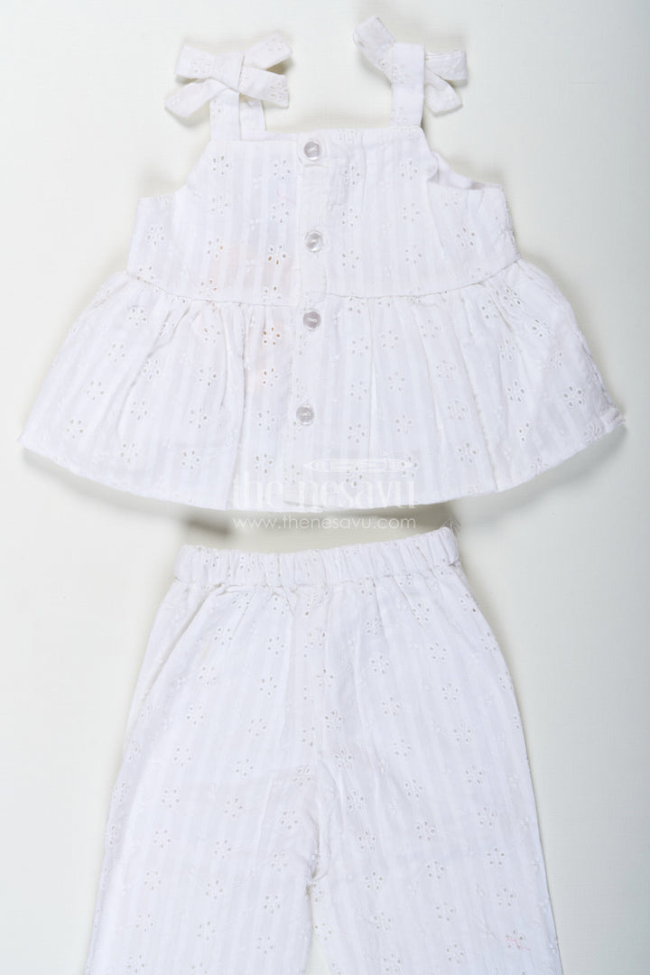 The Nesavu Girls Casual Set Girls White Party Wear Set in Hakoba Cotton with Bow-Tie Straps and Elegant Embroidery Nesavu Girls White Party Wear Set in Hakoba Cotton with Embroidered Design and Bow-Tie Top | The Nesavu