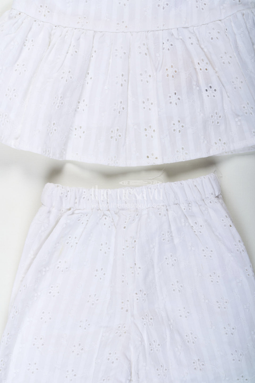 The Nesavu Girls Casual Set Girls White Party Wear Set in Hakoba Cotton with Bow-Tie Straps and Elegant Embroidery Nesavu Girls White Party Wear Set in Hakoba Cotton with Embroidered Design and Bow-Tie Top | The Nesavu