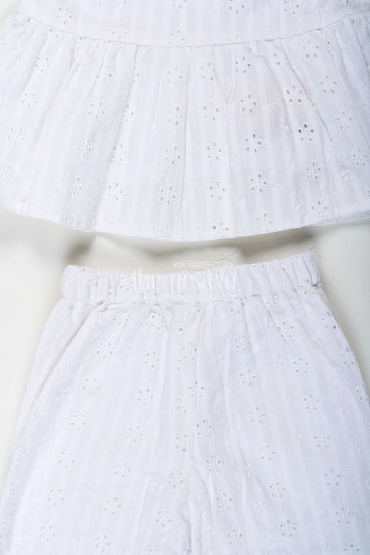 The Nesavu Girls Casual Set Girls White Party Wear Set in Hakoba Cotton with Bow-Tie Straps and Elegant Embroidery Nesavu Girls White Party Wear Set in Hakoba Cotton with Embroidered Design and Bow-Tie Top | The Nesavu