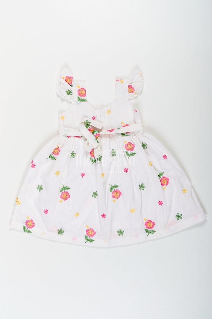 The Nesavu Girls Cotton Frock Girls White Short Frock in Cotton Embroidery with Floral Patterns and Ruffled Sleeves Nesavu Nesavu Girls White Short Frock Cotton Embroidery Floral Patterns Ruffled Sleeves
