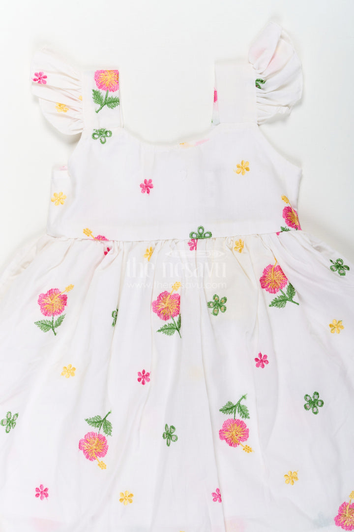 The Nesavu Girls Cotton Frock Girls White Short Frock in Cotton Embroidery with Floral Patterns and Ruffled Sleeves Nesavu Nesavu Girls White Short Frock Cotton Embroidery Floral Patterns Ruffled Sleeves