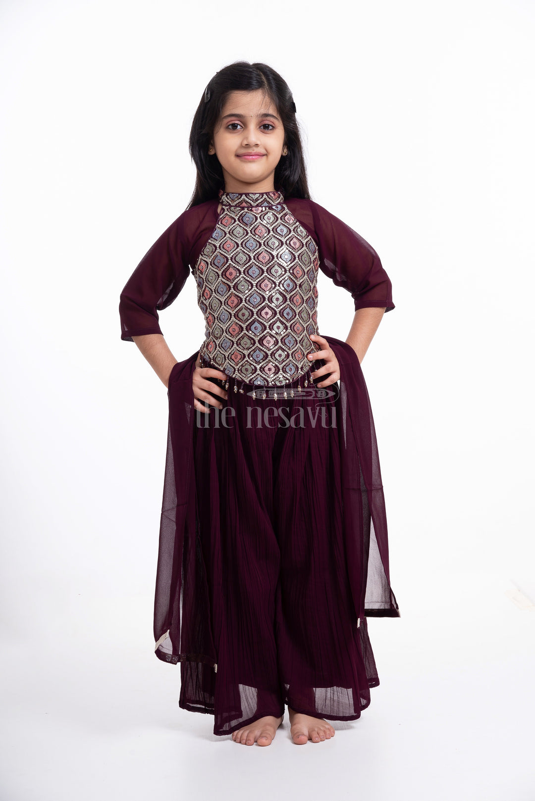 The Nesavu Girls Sharara / Plazo Set Girls' Wine Palazzo Set with Halter Neck Embroidered Blouse Nesavu 18 (2Y) / Brown GPS333A-18 Elegant Girls' Wine Palazzo Set with Halter Neck Embroidered Blouse