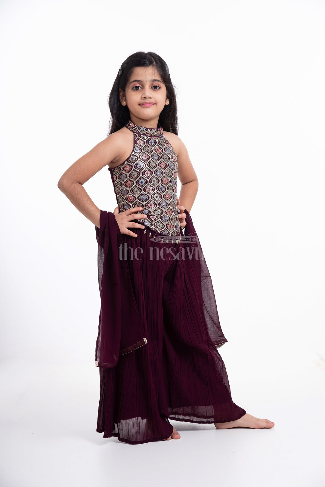 The Nesavu Girls Sharara / Plazo Set Girls' Wine Palazzo Set with Halter Neck Embroidered Blouse Nesavu Elegant Girls' Wine Palazzo Set with Halter Neck Embroidered Blouse