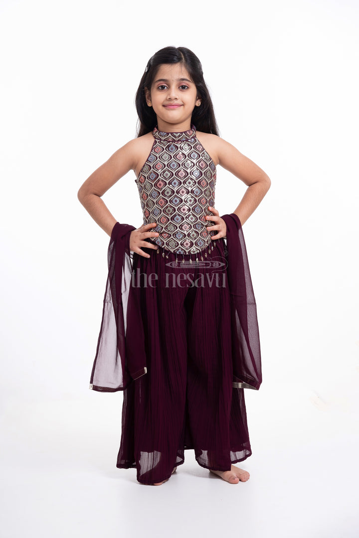 The Nesavu Girls Sharara / Plazo Set Girls' Wine Palazzo Set with Halter Neck Embroidered Blouse Nesavu Elegant Girls' Wine Palazzo Set with Halter Neck Embroidered Blouse