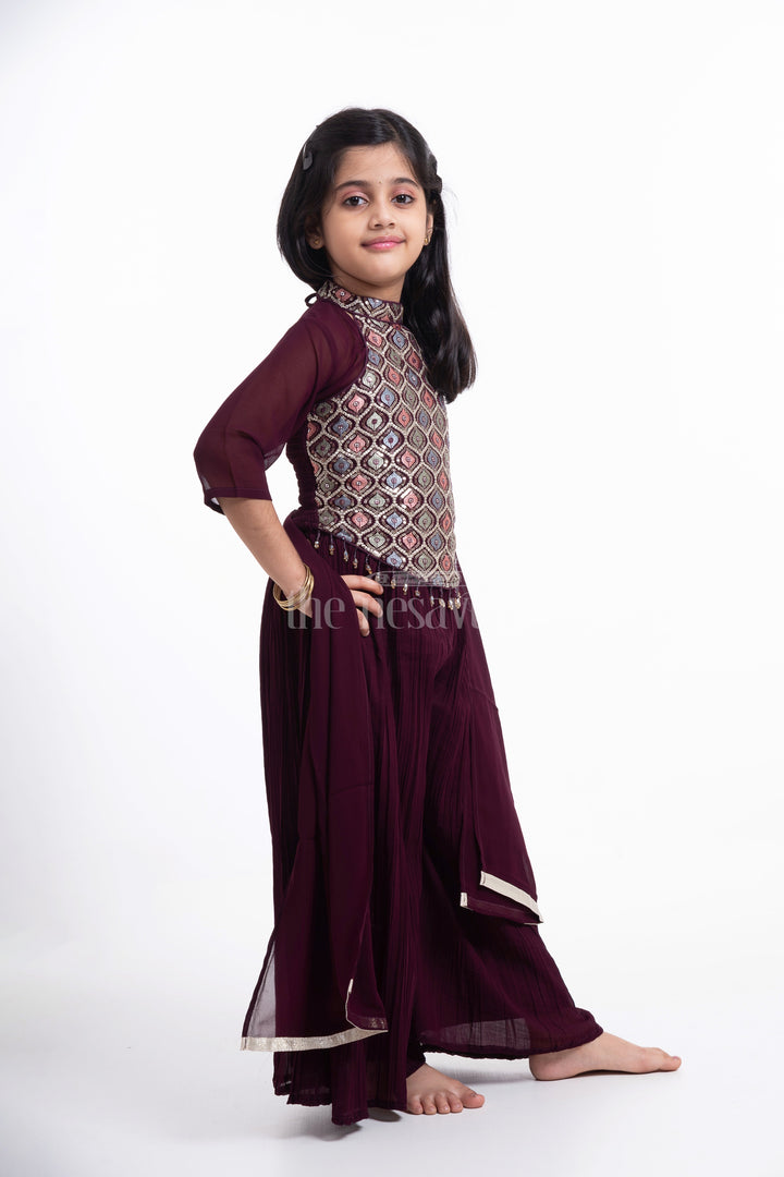 The Nesavu Girls Sharara / Plazo Set Girls' Wine Palazzo Set with Halter Neck Embroidered Blouse Nesavu Elegant Girls' Wine Palazzo Set with Halter Neck Embroidered Blouse