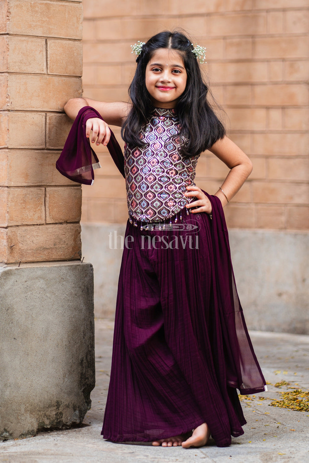 The Nesavu Girls Sharara / Plazo Set Girls' Wine Palazzo Set with Halter Neck Embroidered Blouse Nesavu Elegant Girls' Wine Palazzo Set with Halter Neck Embroidered Blouse