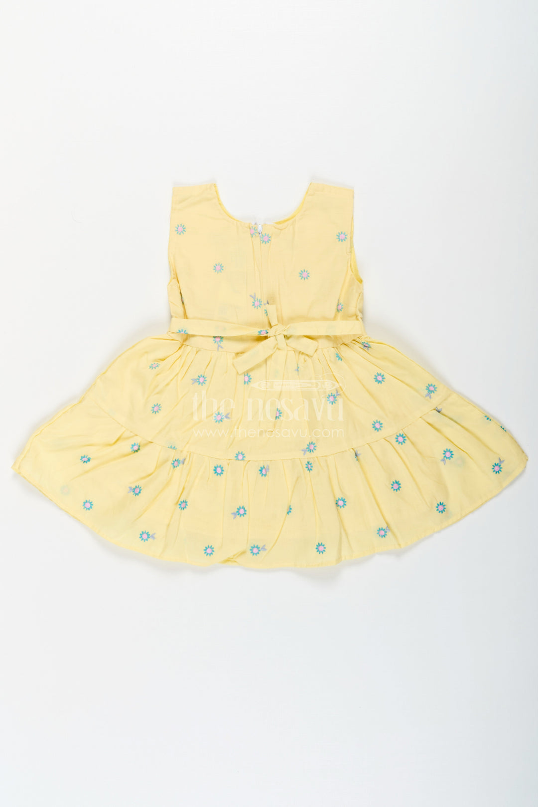 The Nesavu Baby Cotton Frocks Girls Yellow Butterfly Birthday Dress in Cotton with Embroidered Daisies and Blue Appliqué Nesavu Yellow Butterfly Birthday Dress Girls Cotton Floral Embroidery Appliqu | The Nesavu