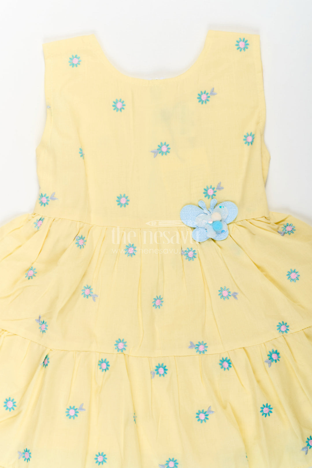 The Nesavu Baby Cotton Frocks Girls Yellow Butterfly Birthday Dress in Cotton with Embroidered Daisies and Blue Appliqué Nesavu Yellow Butterfly Birthday Dress Girls Cotton Floral Embroidery Appliqu | The Nesavu