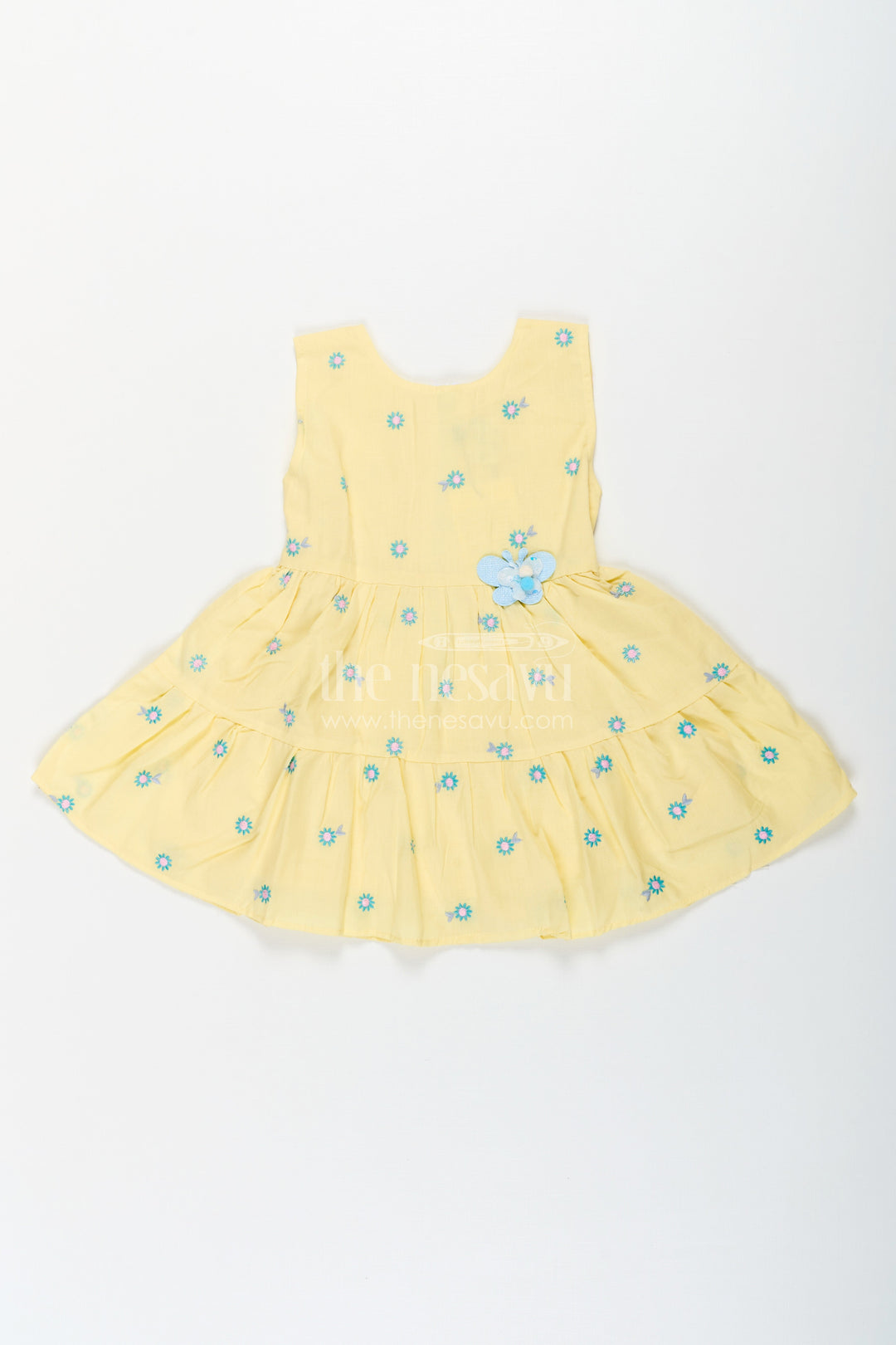 The Nesavu Baby Cotton Frocks Girls Yellow Butterfly Birthday Dress in Cotton with Embroidered Daisies and Blue Appliqué Nesavu Yellow Butterfly Birthday Dress Girls Cotton Floral Embroidery Appliqu | The Nesavu