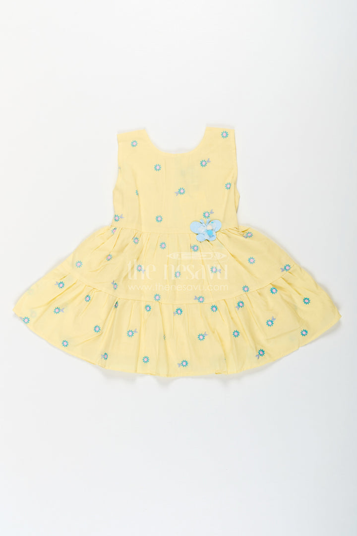 The Nesavu Baby Cotton Frocks Girls Yellow Butterfly Birthday Dress in Cotton with Embroidered Daisies and Blue Appliqué Nesavu Yellow Butterfly Birthday Dress Girls Cotton Floral Embroidery Appliqu | The Nesavu