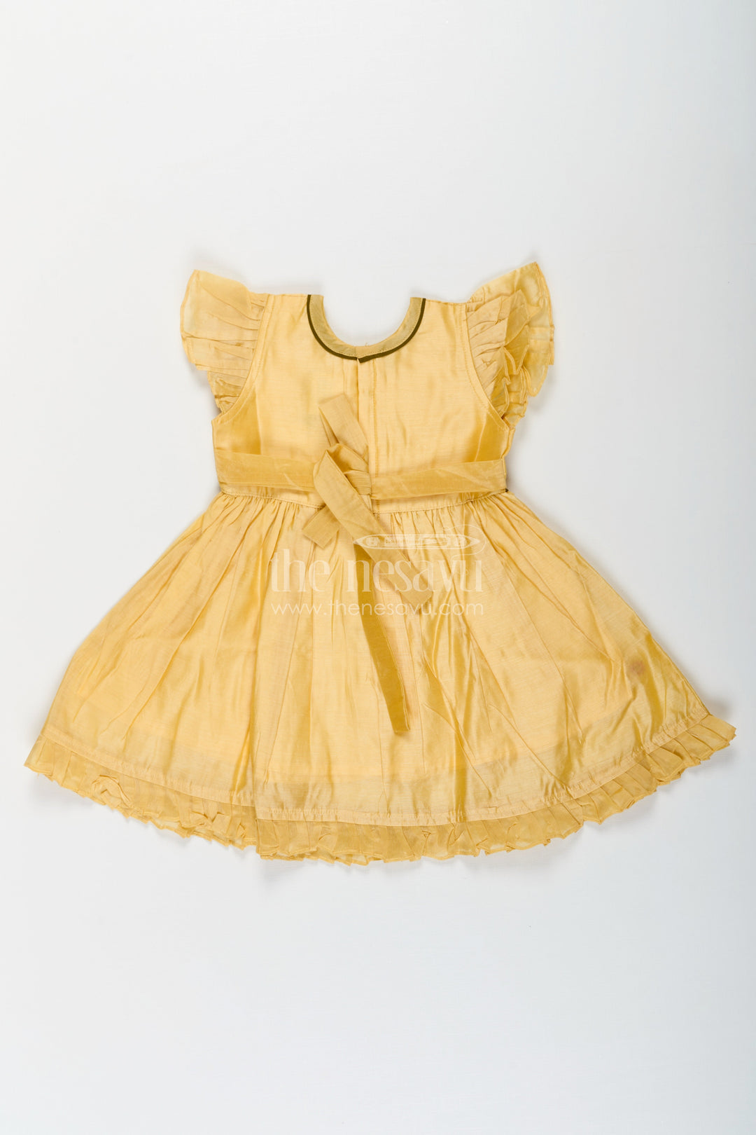 The Nesavu Girls Chanderi Frock Girls Yellow Chanderi Simple Frocks Designs with Paisley Embroidery and Soft Ruffles Nesavu Yellow Chanderi Simple Frocks Designs Paisley Embroidery Girls | The Nesavu