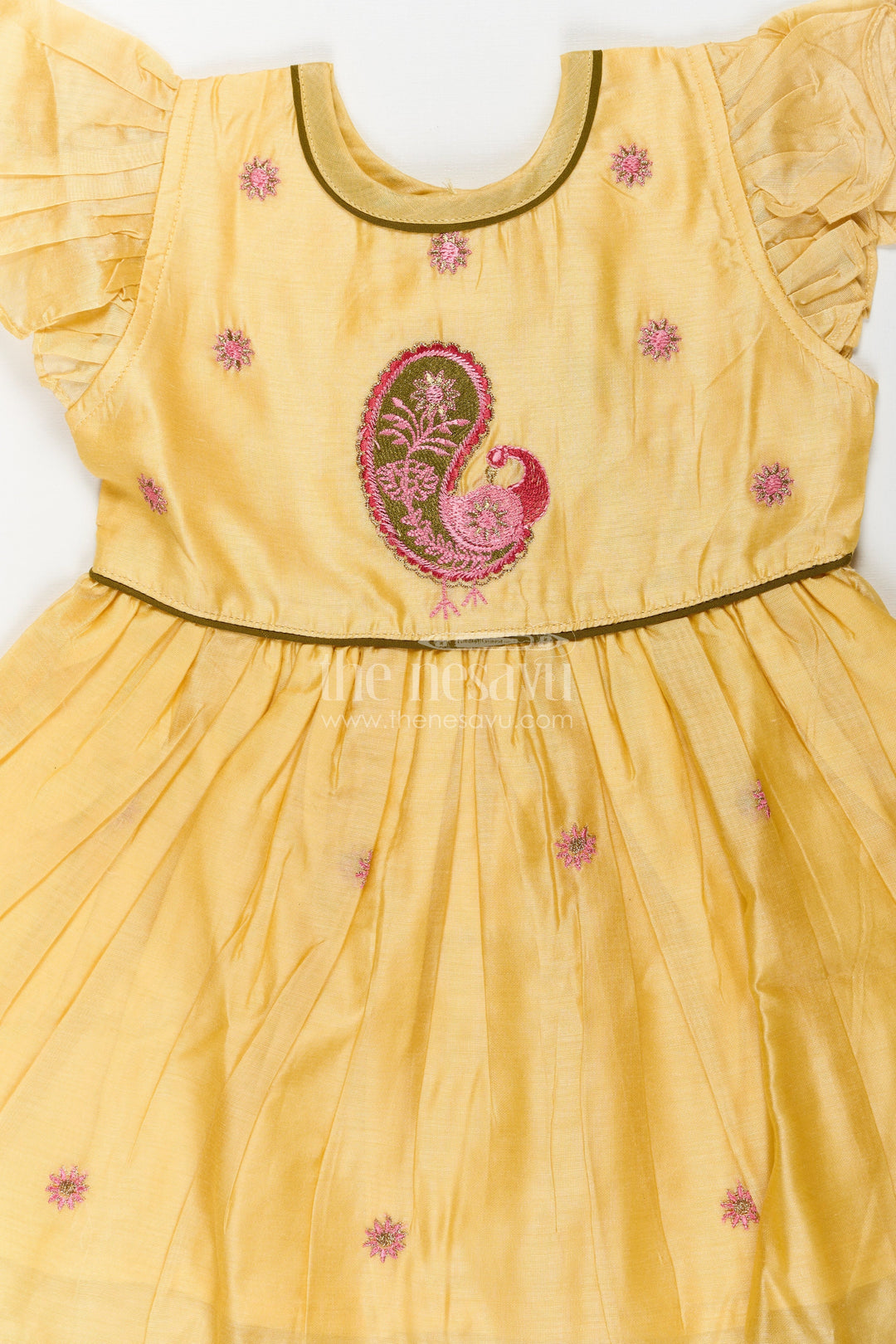 The Nesavu Girls Chanderi Frock Girls Yellow Chanderi Simple Frocks Designs with Paisley Embroidery and Soft Ruffles Nesavu Yellow Chanderi Simple Frocks Designs Paisley Embroidery Girls | The Nesavu