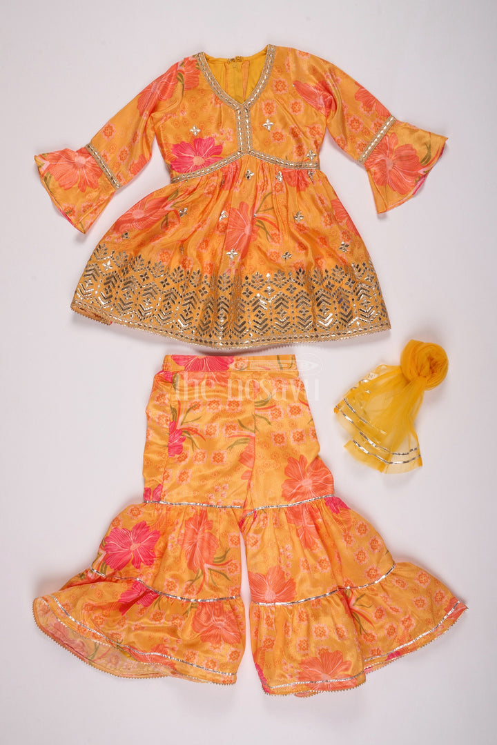 The Nesavu Girls Sharara / Plazo Set Girls Yellow Chinon Silk Sharara Set with Floral Print and Flared Sleeves for Festive Celebrations Nesavu 22 (4Y) / Yellow GPS422A-22 Nesavu Girls Yellow Chinon Silk Sharara Set Flared Sleeves Floral Print Festive Occasions