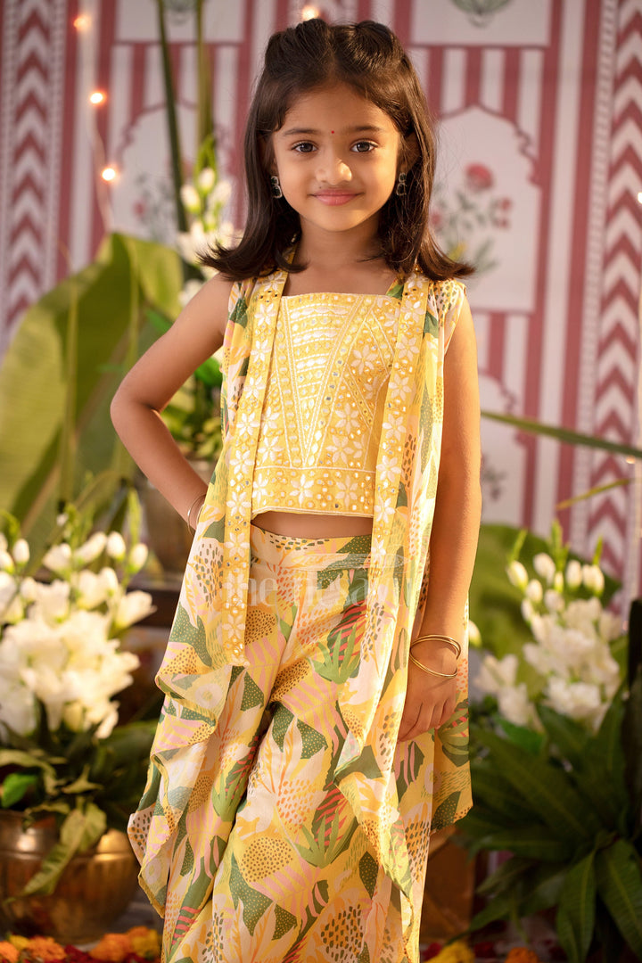 The Nesavu Girls Sharara / Plazo Set Girls Yellow Chinon Silk Sharara Set with Floral Prints and Embroidered Sleeveless Crop Top Nesavu 22 (4Y) / Yellow GPS423A-22 Nesavu Girls Yellow Sharara Set Chinon Silk Embroidered Crop Top Floral Prints Festive Occasions