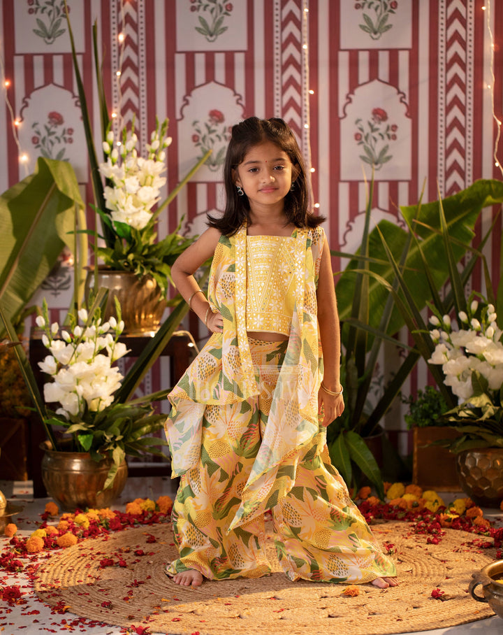 The Nesavu Girls Sharara / Plazo Set Girls Yellow Chinon Silk Sharara Set with Floral Prints and Embroidered Sleeveless Crop Top Nesavu Nesavu Girls Yellow Sharara Set Chinon Silk Embroidered Crop Top Floral Prints Festive Occasions