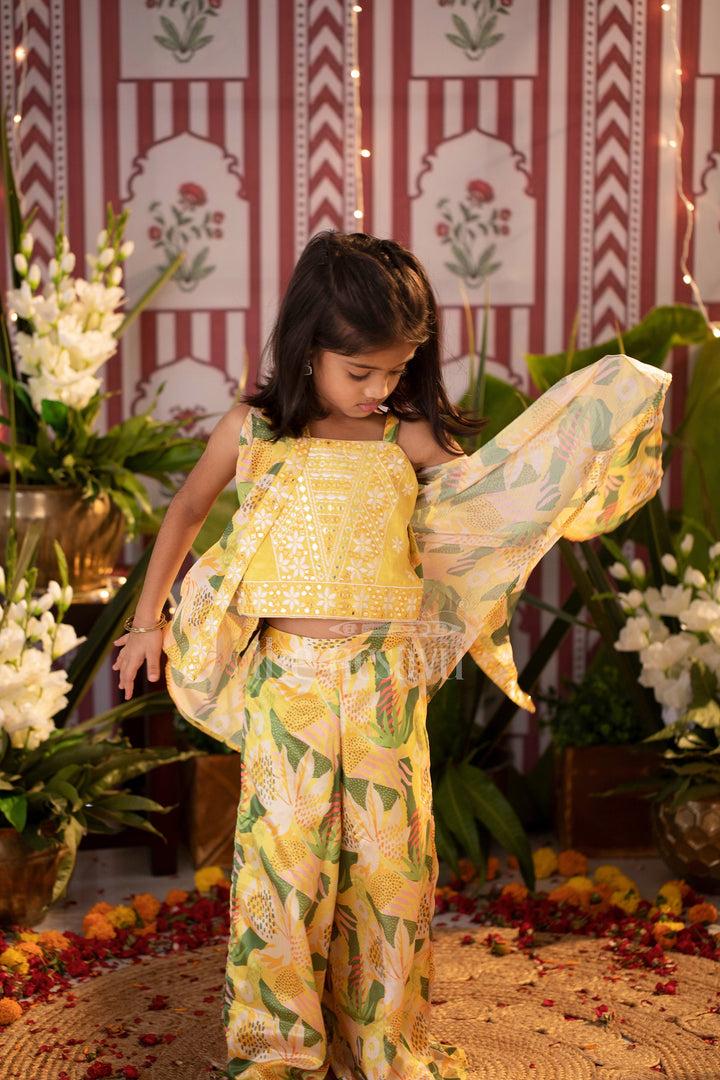 The Nesavu Girls Sharara / Plazo Set Girls Yellow Chinon Silk Sharara Set with Floral Prints and Embroidered Sleeveless Crop Top Nesavu Nesavu Girls Yellow Sharara Set Chinon Silk Embroidered Crop Top Floral Prints Festive Occasions