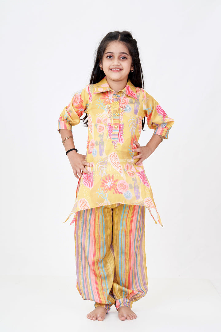 The Nesavu Girls Co-Ord Sets Girls Yellow Co-Ord Set with Floral Printed Kurti and Striped Pants Nesavu 24 (5Y) / Yellow GPS552A-24 Girls Yellow Co-ord Set Floral Printed Kurti Striped Pants | The Nesavu