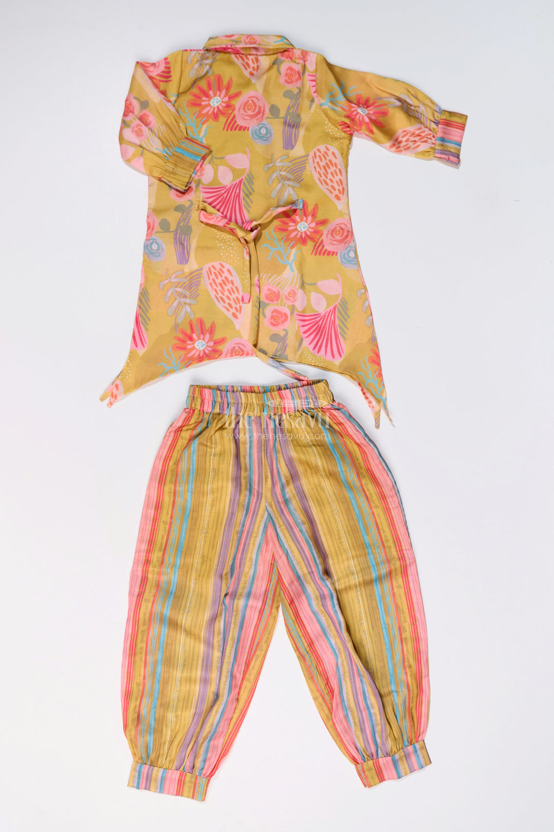 The Nesavu Girls Co-Ord Sets Girls Yellow Co-Ord Set with Floral Printed Kurti and Striped Pants Nesavu Girls Yellow Co-ord Set Floral Printed Kurti Striped Pants | The Nesavu
