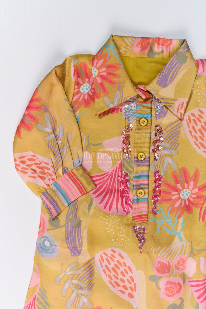 The Nesavu Girls Co-Ord Sets Girls Yellow Co-Ord Set with Floral Printed Kurti and Striped Pants Nesavu Girls Yellow Co-ord Set Floral Printed Kurti Striped Pants | The Nesavu