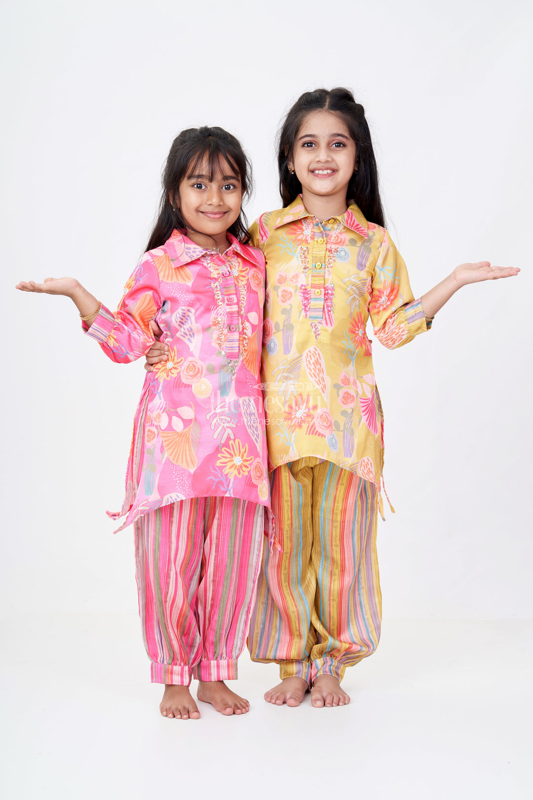 The Nesavu Girls Co-Ord Sets Girls Yellow Co-Ord Set with Floral Printed Kurti and Striped Pants Nesavu Girls Yellow Co-ord Set Floral Printed Kurti Striped Pants | The Nesavu