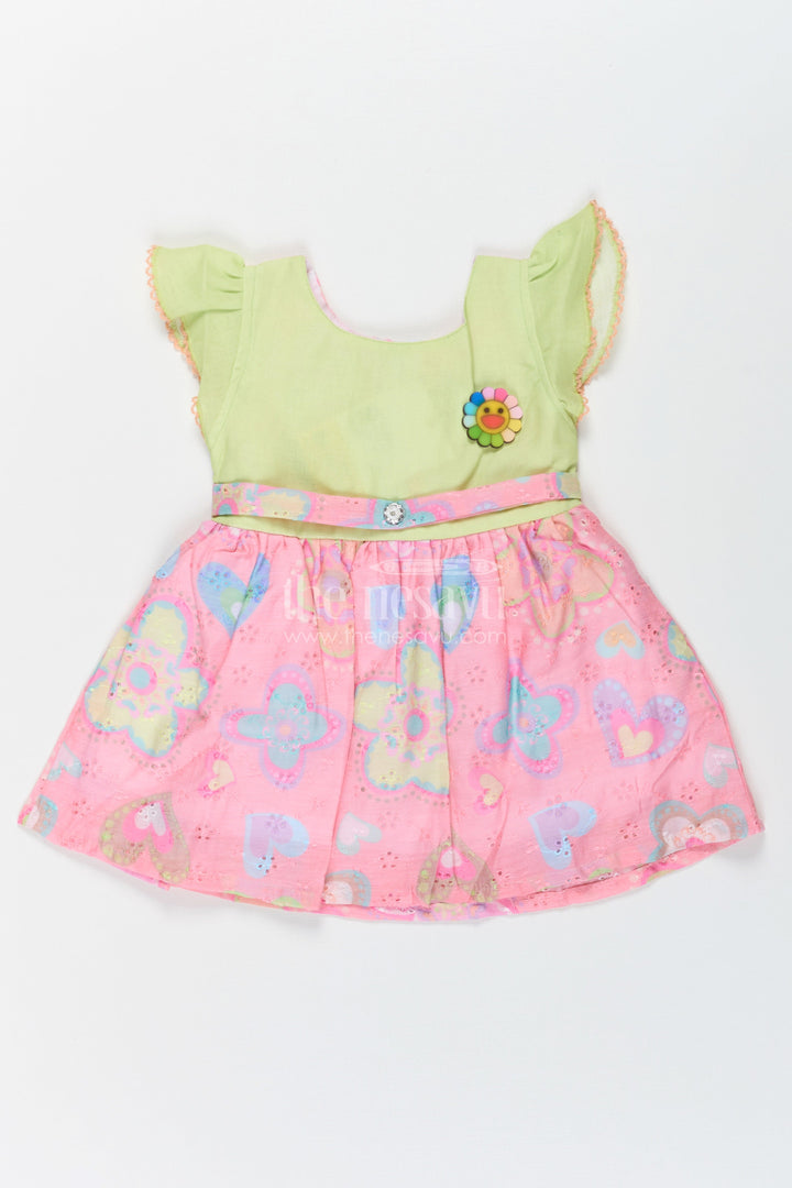 The Nesavu Girls Cotton Frock Girls Yellow Colour Frock Design with Pink Hakoba Embroidered Skirt and Floral Applique Nesavu 14 (6M) / Yellow BFJ764B-14 Girls Yellow Cotton Frock Design Pink Floral Hakoba Embroidered Skirt Emoji Applique | The Nesavu