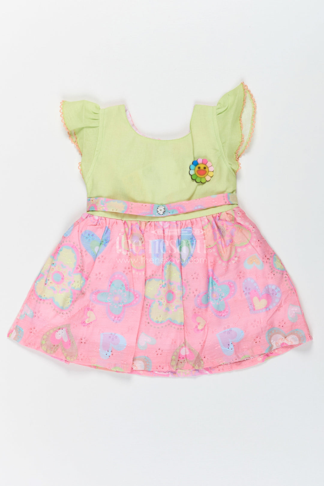 The Nesavu Girls Cotton Frock Girls Yellow Colour Frock Design with Pink Hakoba Embroidered Skirt and Floral Applique Nesavu 14 (6M) / Yellow BFJ764B-14 Nesavu Girls Yellow Cotton Frock Design Pink Floral Hakoba Embroidered Skirt Emoji Applique