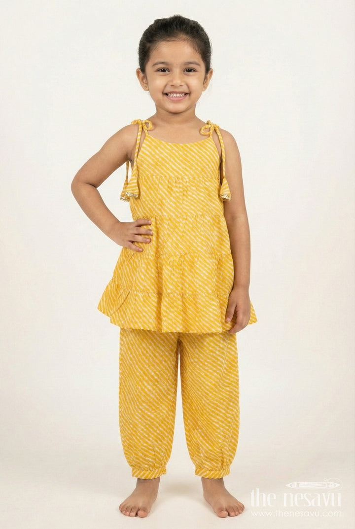 The Nesavu Girls Casual Set Girls Yellow Cotton Casual Suit Set for Festive Summer Days Nesavu 24 (5Y) / Yellow GPS713A-24 Nesavu Yellow Cotton Casual Set Girls Tiered Top Ethnic Jogger Pants