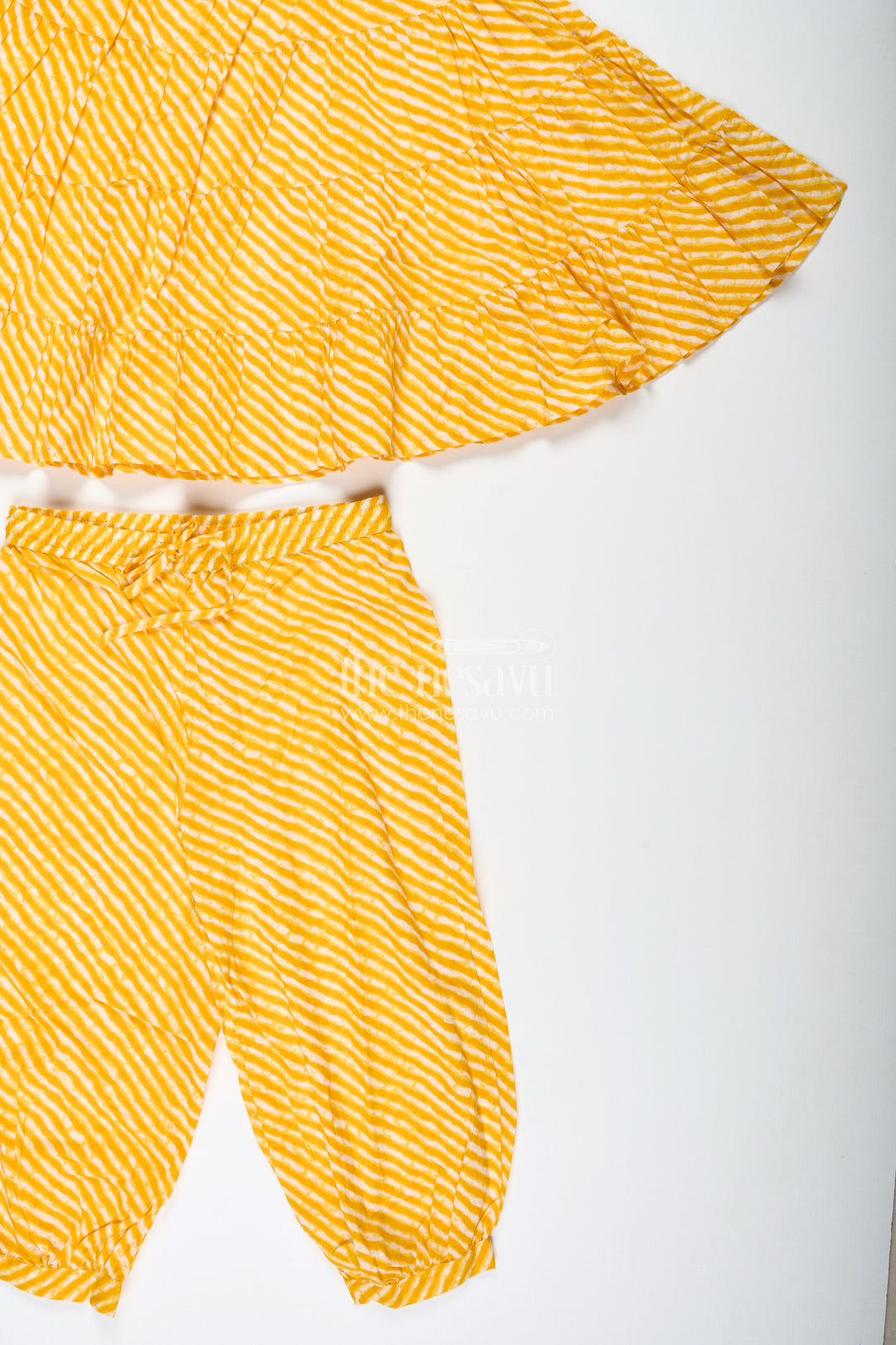 The Nesavu Girls Casual Set Girls Yellow Cotton Casual Suit Set for Festive Summer Days Nesavu Nesavu Yellow Cotton Casual Set Girls Tiered Top Ethnic Jogger Pants