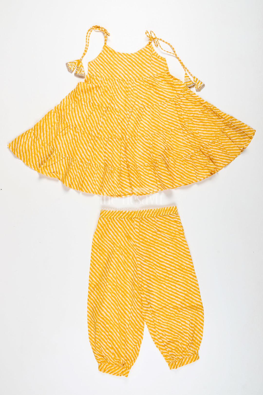 The Nesavu Girls Casual Set Girls Yellow Cotton Casual Suit Set for Festive Summer Days Nesavu Nesavu Yellow Cotton Casual Set Girls Tiered Top Ethnic Jogger Pants