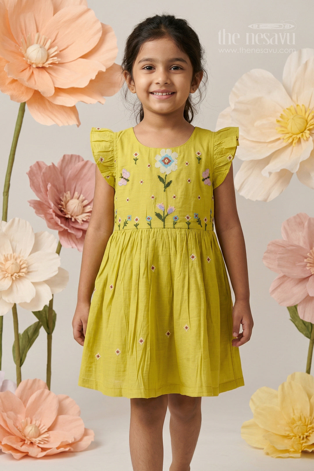 The Nesavu Girls Cotton Frock Girls Yellow Cotton Frock with Embroidery for Summer and Daily Wear Nesavu 20 (3Y) / Yellow / Cotton GFC2170B-20 Nesavu girls yellow cotton frock with embroidery for summer casual wear