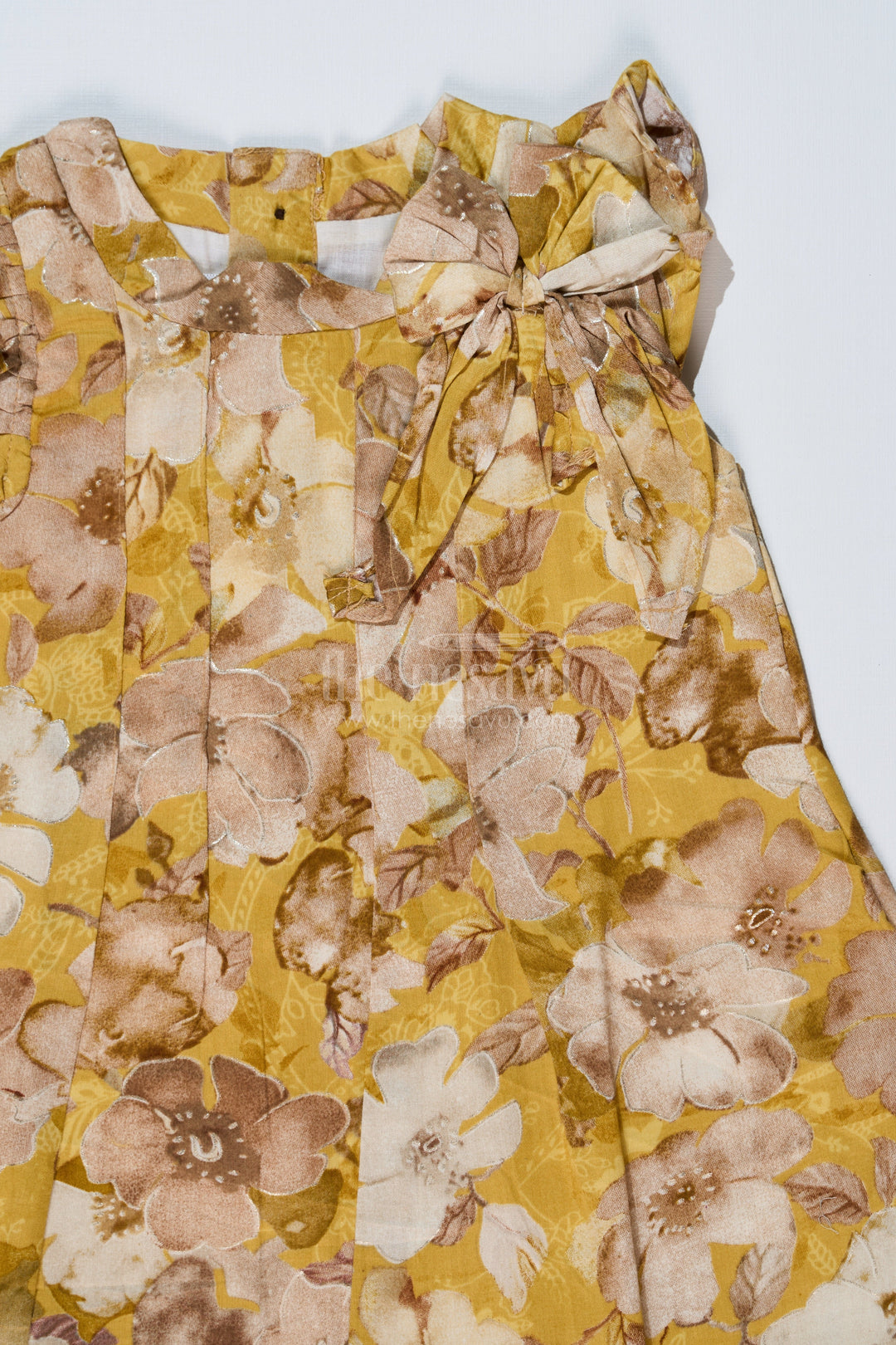 The Nesavu Girls Cotton Frock Girls Yellow Cotton Frock with Floral Prints and Elegant Pleats for Comfortable Everyday Wear Nesavu Nesavu Girls Yellow Cotton Frock Floral Print Pleats a Stylish Casual Look