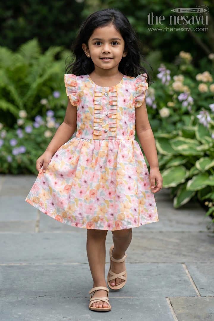 The Nesavu Girls Cotton Frock Girls Yellow Floral Cotton Frock with Ruffled Sleeves and Pleats Featuring Design Of Frock Dress Nesavu 12 (3M) / Yellow GFC1309B-12 Nesavu Girls Yellow Floral Printed Cotton Blend Frock Pleats Ruffled Sleeves design frock dress