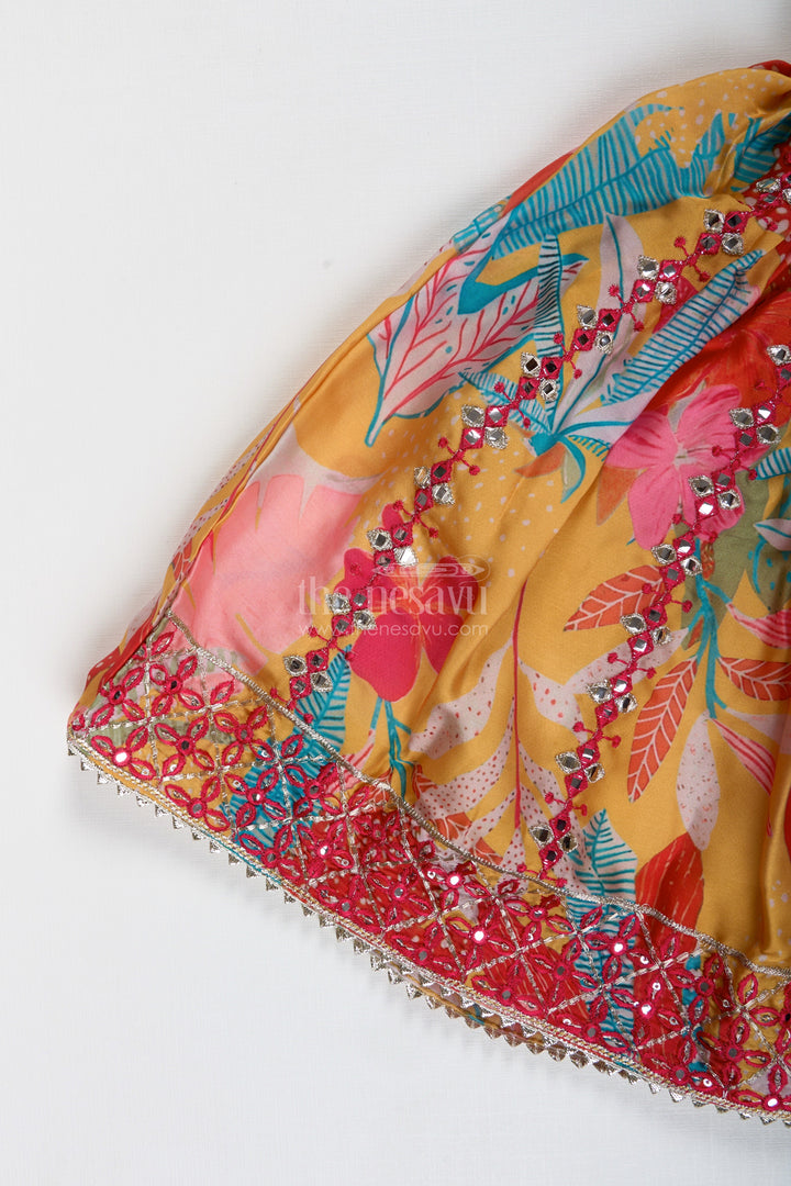 The Nesavu Girls Lehenga Choli Girls Yellow Floral Lehenga Choli with Embroidered Blouse and Dupatta Nesavu Nesavu Girls Yellow Floral Lehenga Choli Maroon Embroidered Blouse Mirror Work