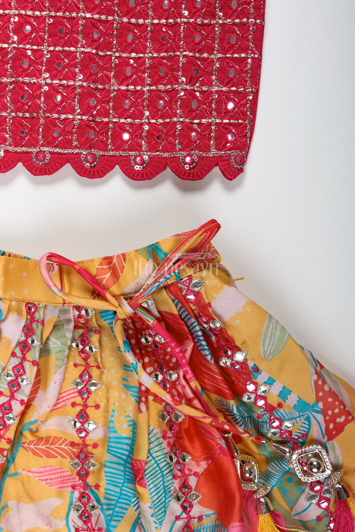 The Nesavu Girls Lehenga Choli Girls Yellow Floral Lehenga Choli with Embroidered Blouse and Dupatta Nesavu Nesavu Girls Yellow Floral Lehenga Choli Maroon Embroidered Blouse Mirror Work