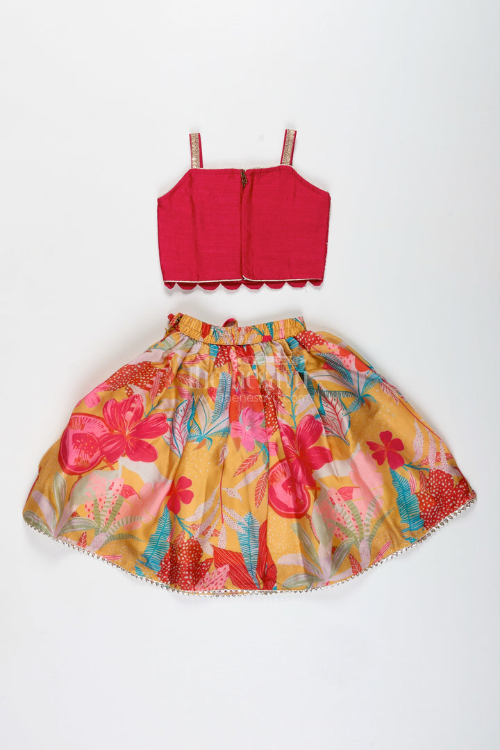 The Nesavu Girls Lehenga Choli Girls Yellow Floral Lehenga Choli with Embroidered Blouse and Dupatta Nesavu Nesavu Girls Yellow Floral Lehenga Choli Maroon Embroidered Blouse Mirror Work