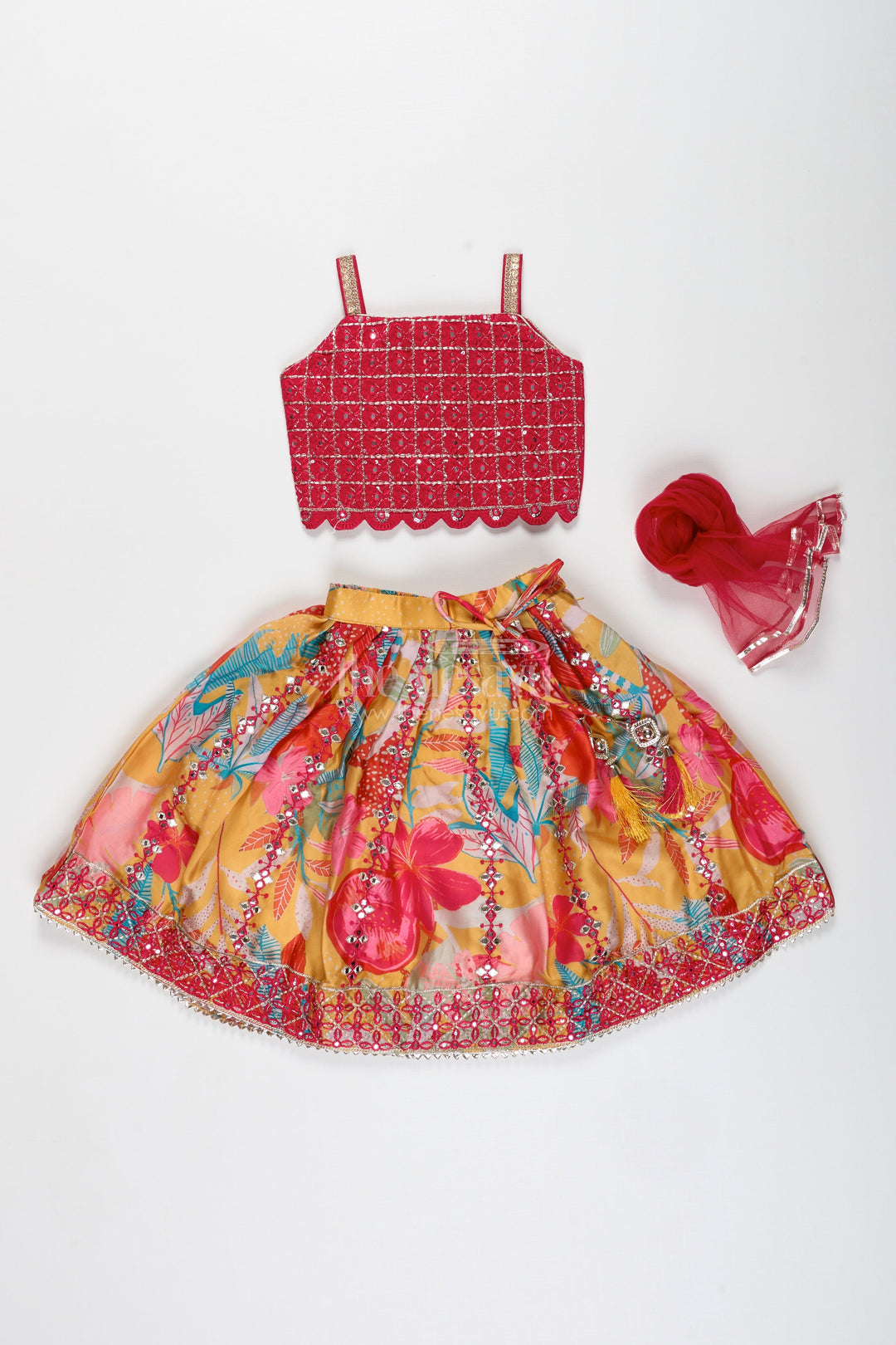 The Nesavu Girls Lehenga Choli Girls Yellow Floral Lehenga Choli with Embroidered Blouse and Dupatta Nesavu Nesavu Girls Yellow Floral Lehenga Choli Maroon Embroidered Blouse Mirror Work