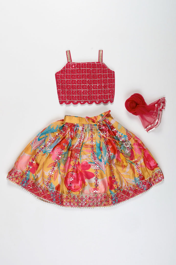 The Nesavu Girls Lehenga Choli Girls Yellow Floral Lehenga Choli with Embroidered Blouse and Dupatta Nesavu Nesavu Girls Yellow Floral Lehenga Choli Maroon Embroidered Blouse Mirror Work