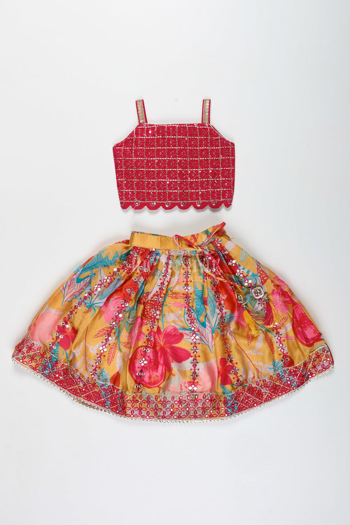 The Nesavu Girls Lehenga Choli Girls Yellow Floral Lehenga Choli with Embroidered Blouse and Dupatta Nesavu Nesavu Girls Yellow Floral Lehenga Choli Maroon Embroidered Blouse Mirror Work