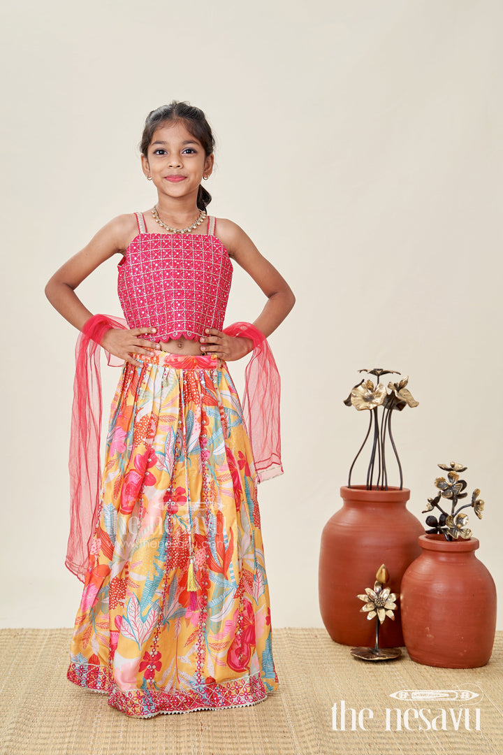The Nesavu Girls Lehenga Choli Girls Yellow Floral Lehenga Choli with Embroidered Blouse and Dupatta Nesavu Nesavu Girls Yellow Floral Lehenga Choli Maroon Embroidered Blouse Mirror Work